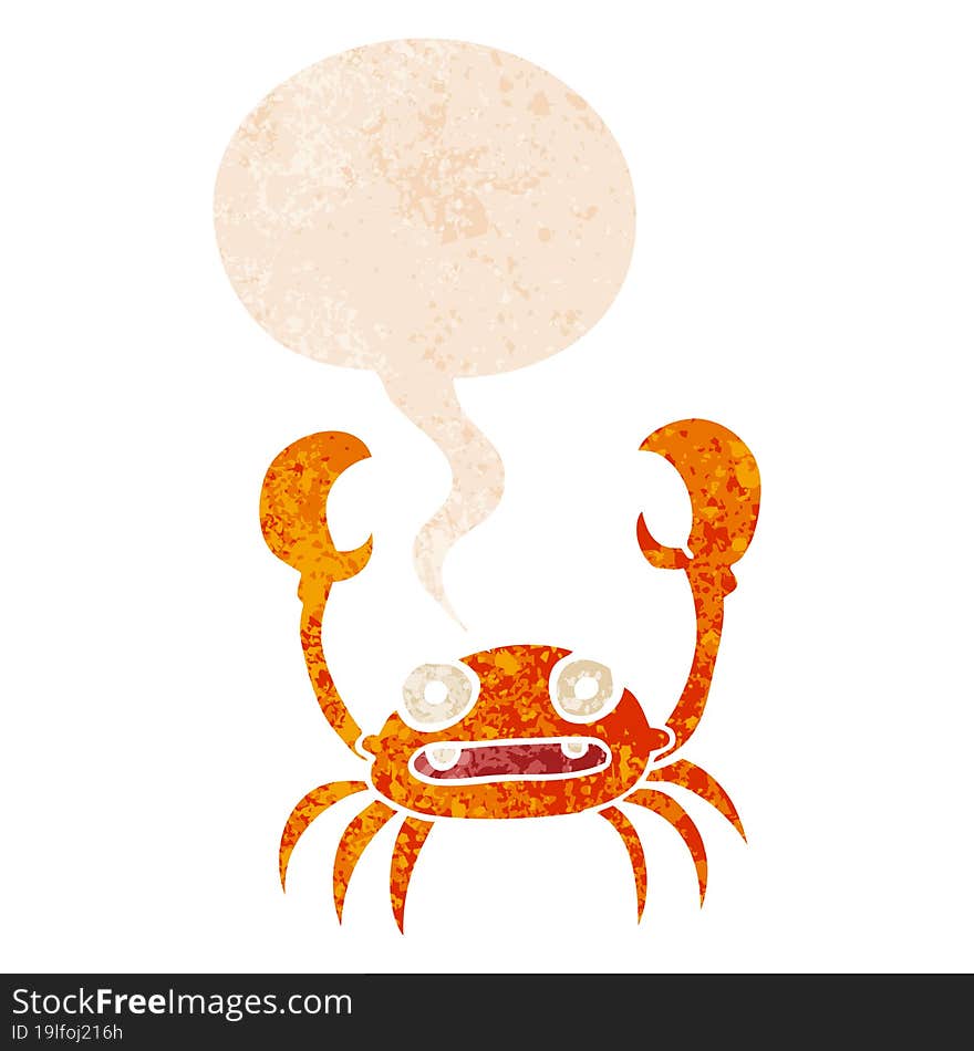 cartoon crab and speech bubble in retro textured style