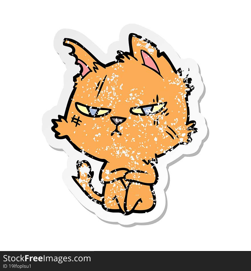 distressed sticker of a tough cartoon cat