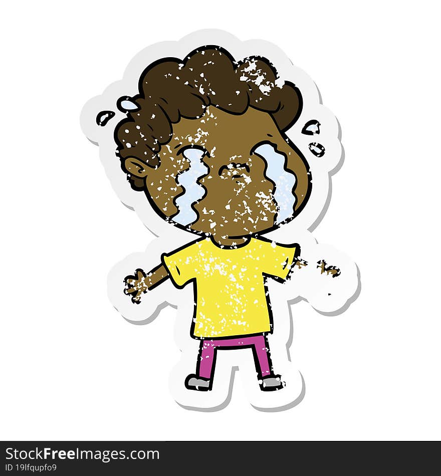 distressed sticker of a cartoon man crying