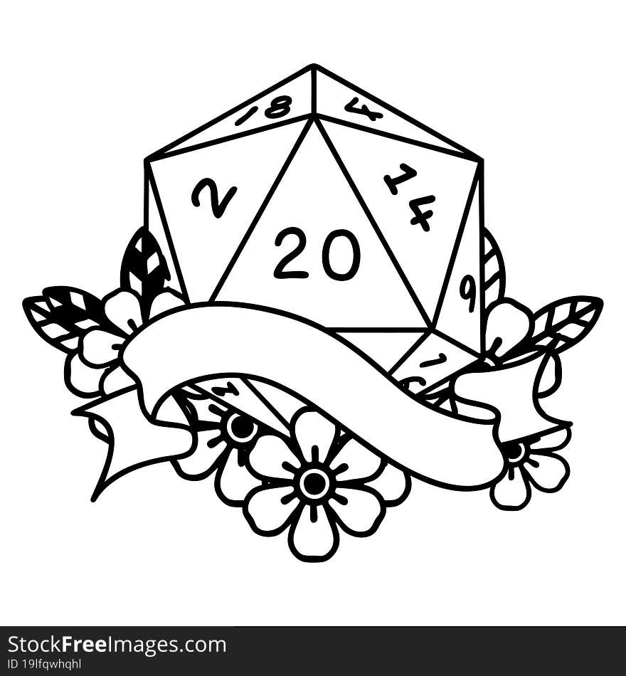 Black and White Tattoo linework Style natural twenty D20 dice roll. Black and White Tattoo linework Style natural twenty D20 dice roll