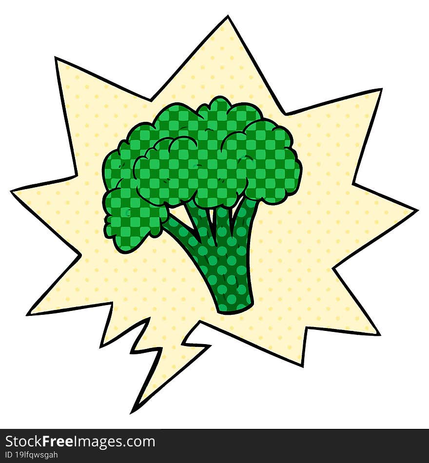 cartoon brocoli with speech bubble in comic book style