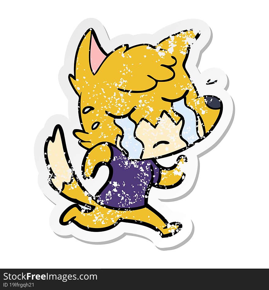 distressed sticker of a crying fox cartoon