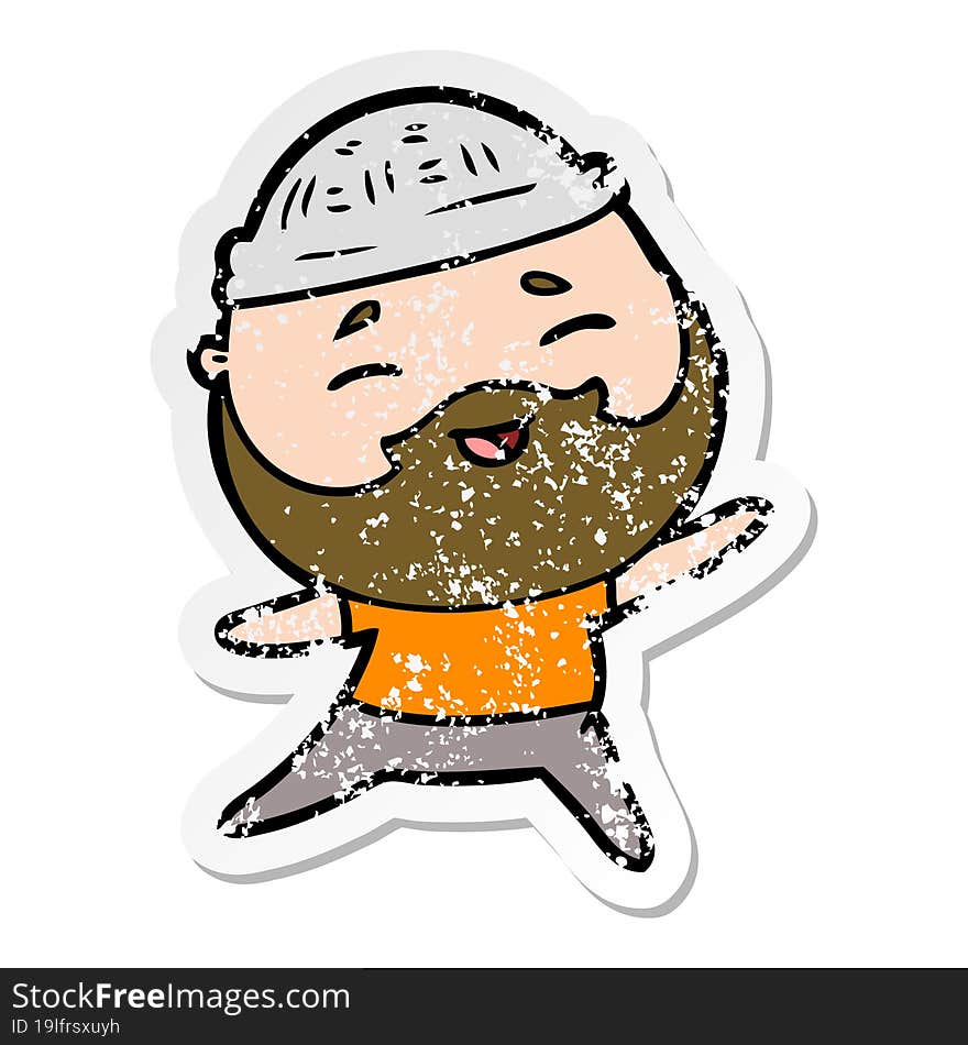 distressed sticker of a cartoon happy bearded man