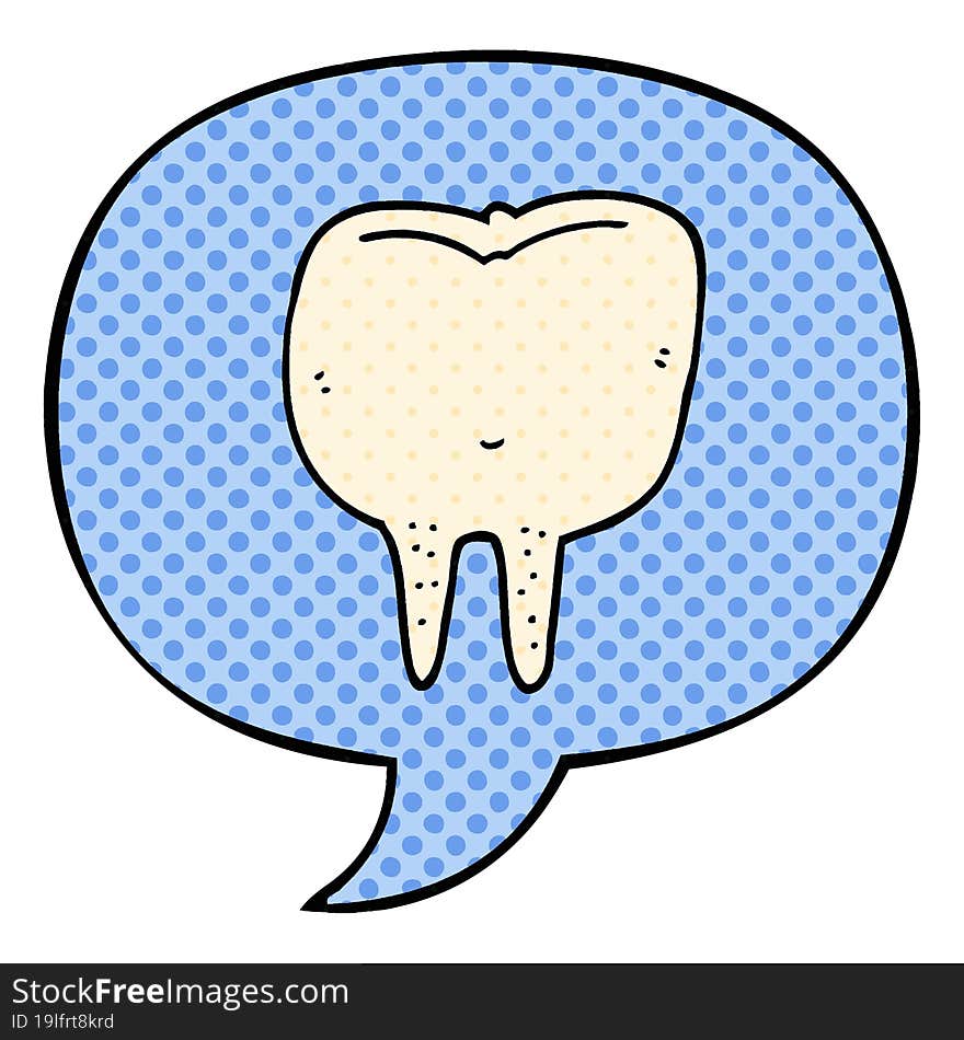 cartoon tooth with speech bubble in comic book style