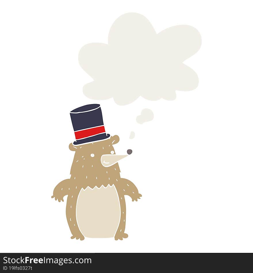 cartoon bear in top hat and thought bubble in retro style