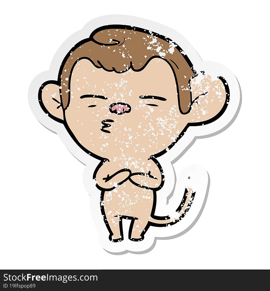 distressed sticker of a cartoon suspicious monkey