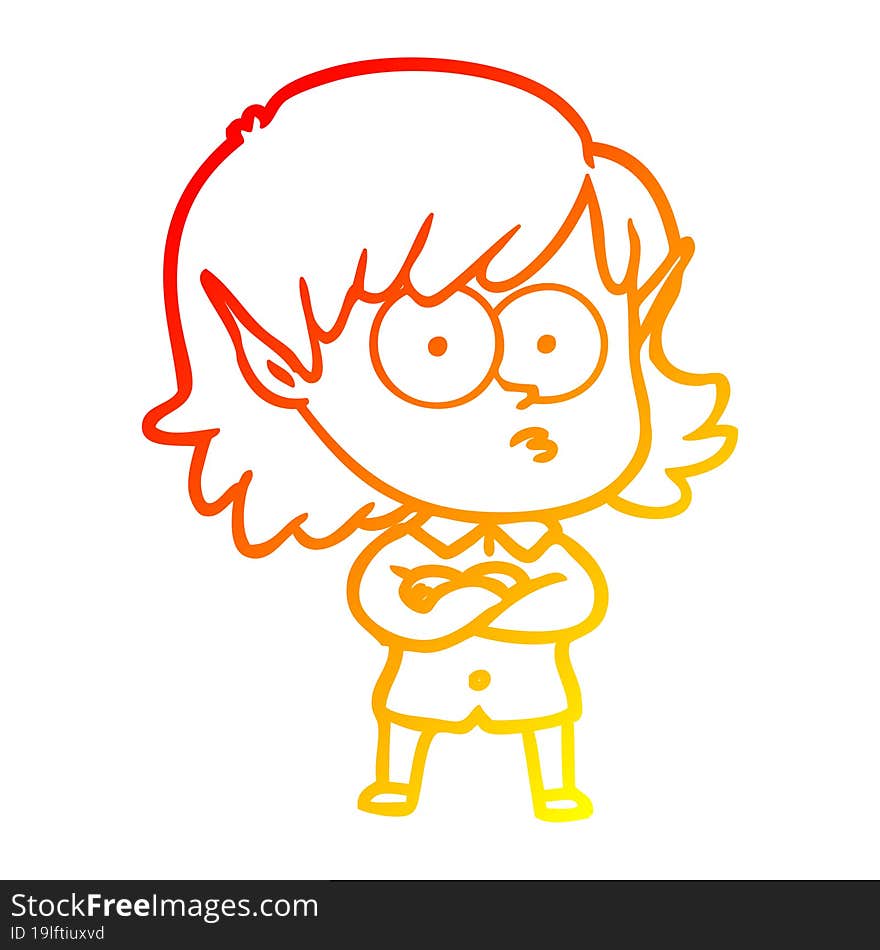 warm gradient line drawing cartoon elf girl staring