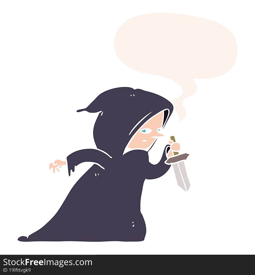 cartoon assassin in dark robe and speech bubble in retro style