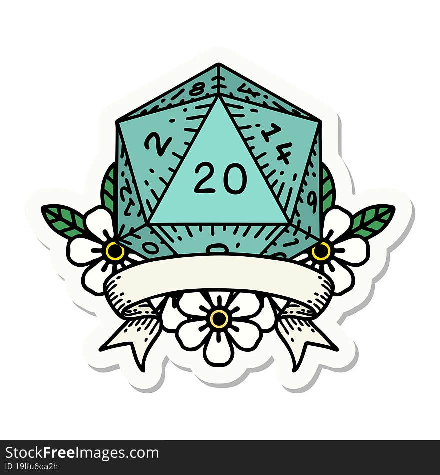 sticker of a natural 20 critical hit D20 dice roll. sticker of a natural 20 critical hit D20 dice roll