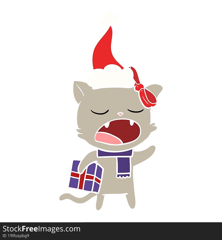 flat color illustration of a cat with christmas present wearing santa hat