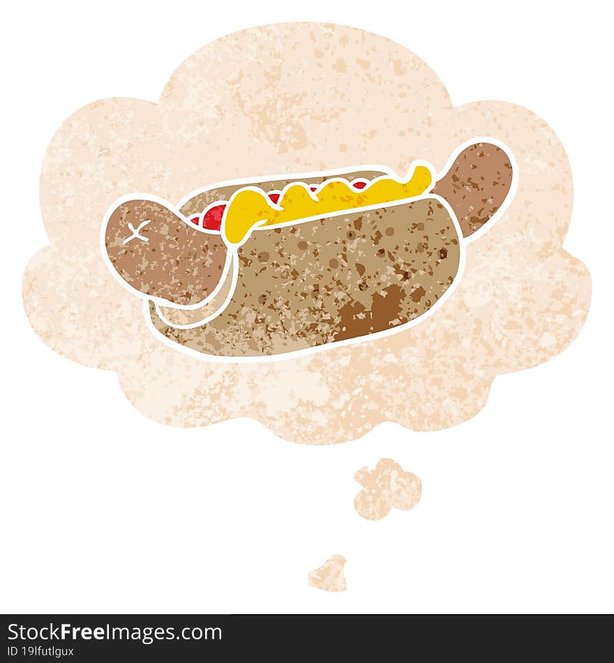 cartoon hot dog with thought bubble in grunge distressed retro textured style. cartoon hot dog with thought bubble in grunge distressed retro textured style