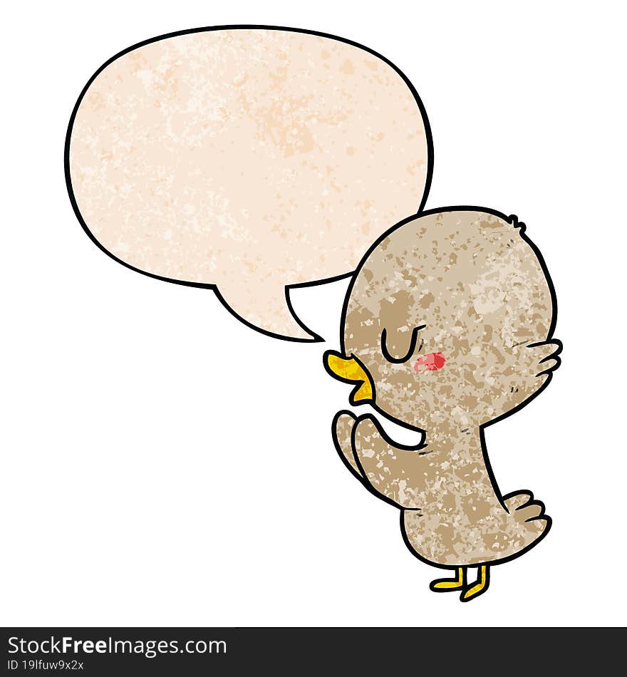 cute cartoon duckling with speech bubble in retro texture style