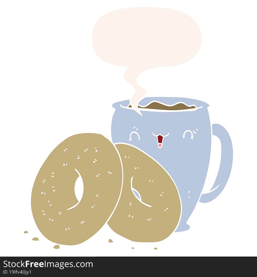 cartoon coffee and donuts and speech bubble in retro style