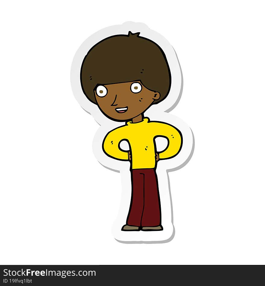 sticker of a cartoon happy boy with hands on hips