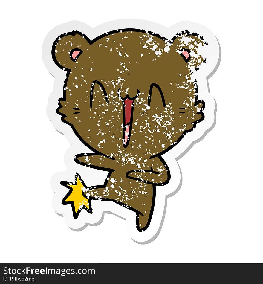 distressed sticker of a happy bear kicking cartoon