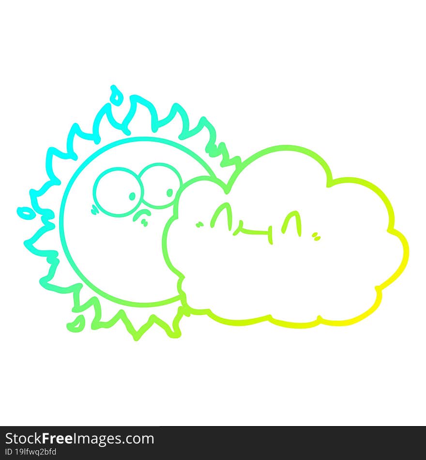 cold gradient line drawing of a cute cartoon cloud and sun