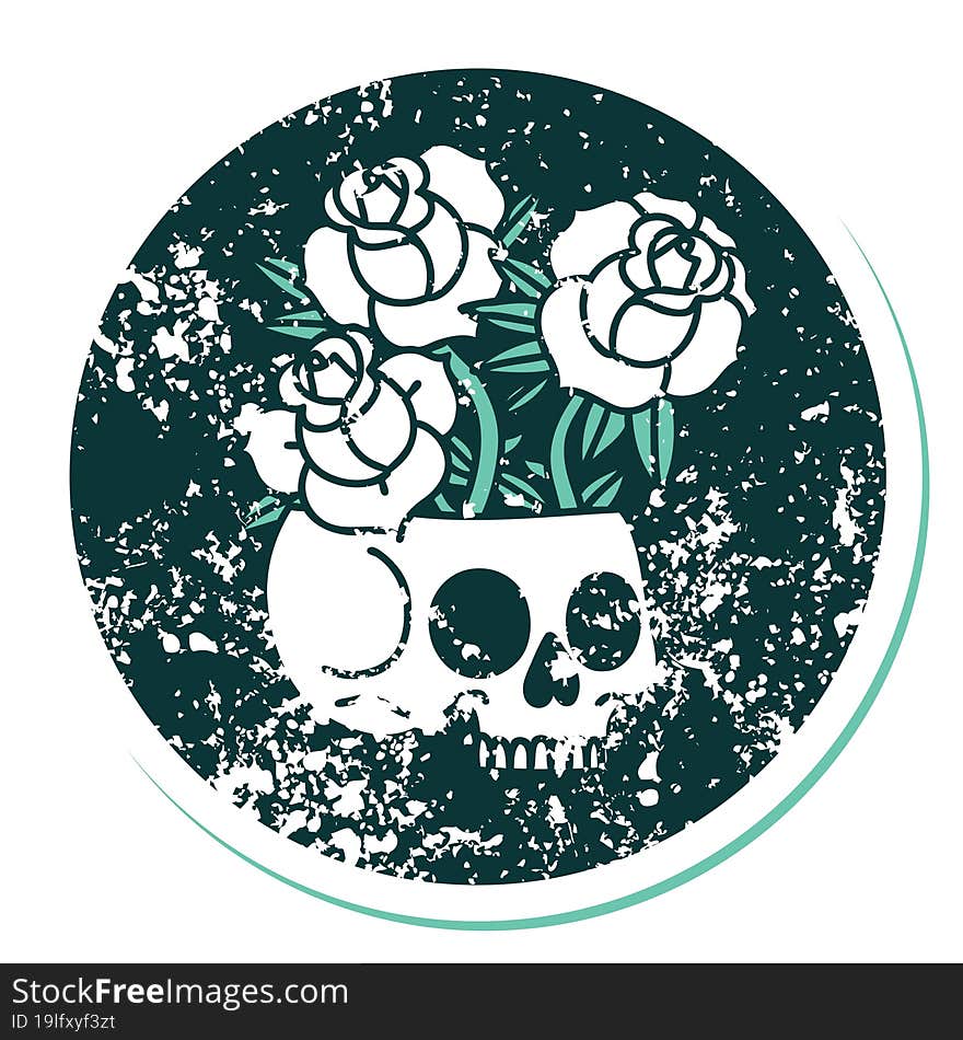 distressed sticker tattoo style icon of a skull and roses