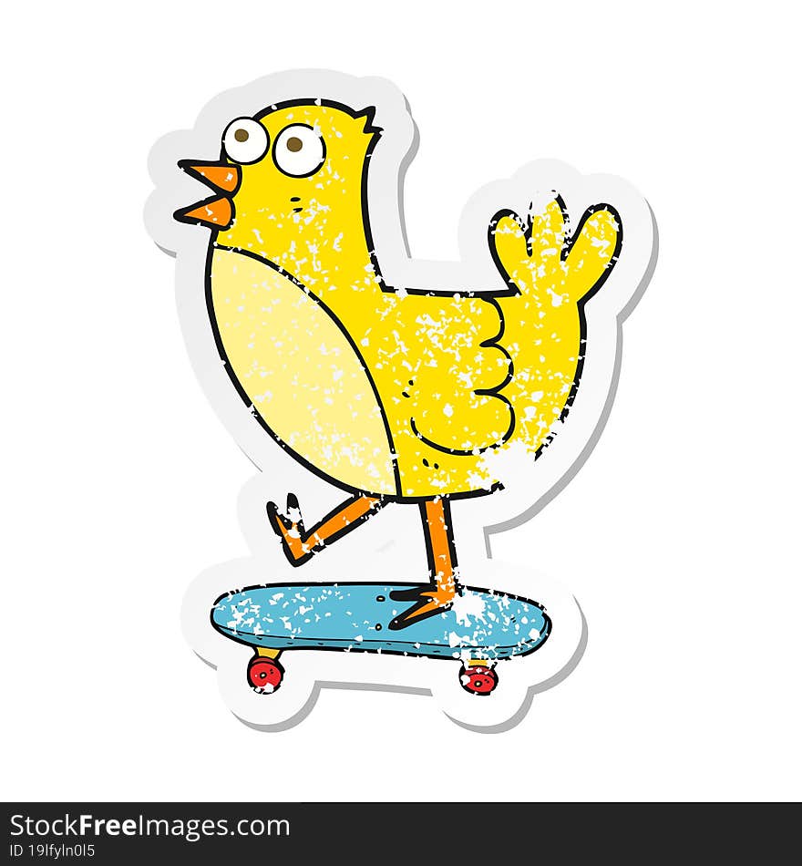 retro distressed sticker of a cartoon bird on skateboard