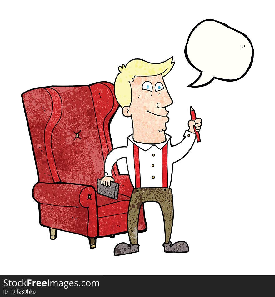 speech bubble textured cartoon man with notebook and pen