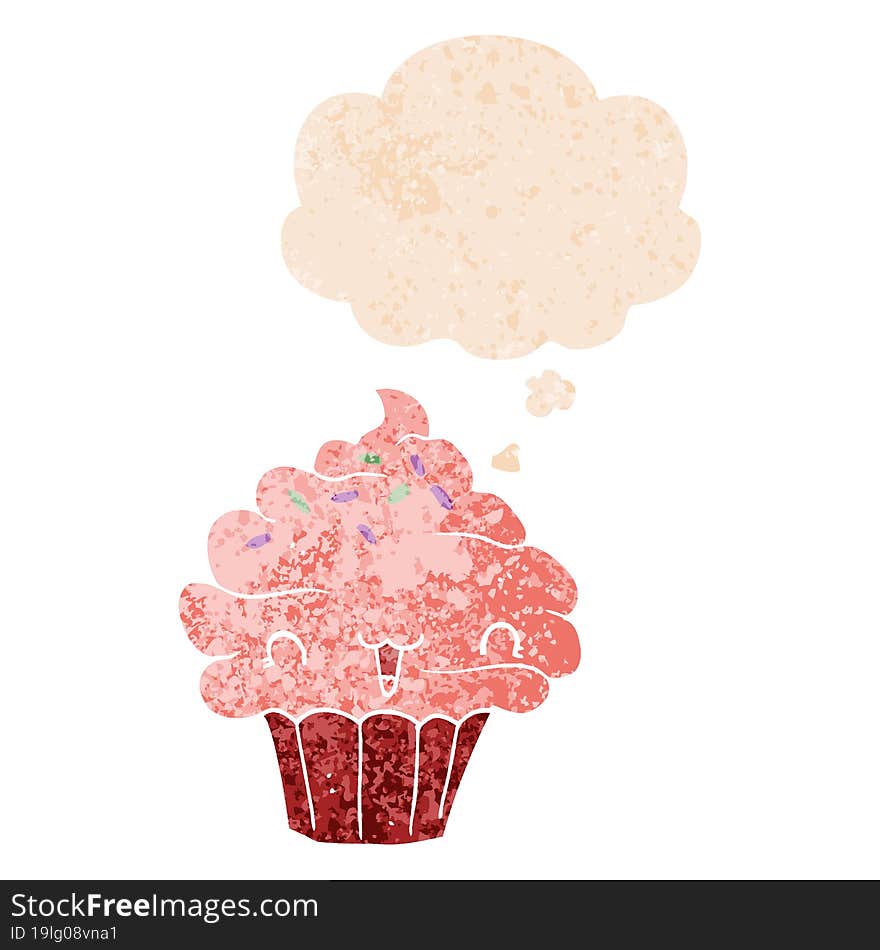 cute cartoon frosted cupcake with thought bubble in grunge distressed retro textured style. cute cartoon frosted cupcake with thought bubble in grunge distressed retro textured style