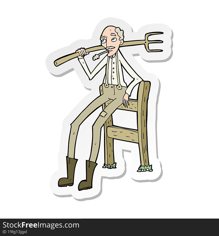 sticker of a cartoon old farmer leaning on fence