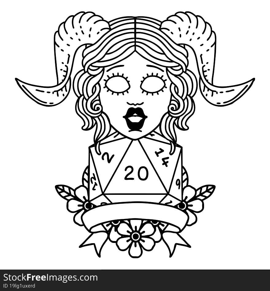 Black and White Tattoo linework Style tiefling with natural twenty dice roll. Black and White Tattoo linework Style tiefling with natural twenty dice roll