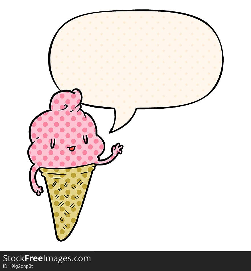 cute cartoon ice cream and speech bubble in comic book style