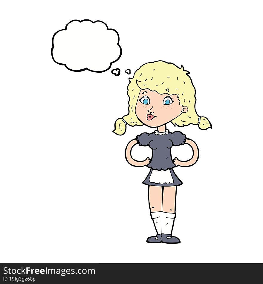 cartoon happy waitress woman with thought bubble