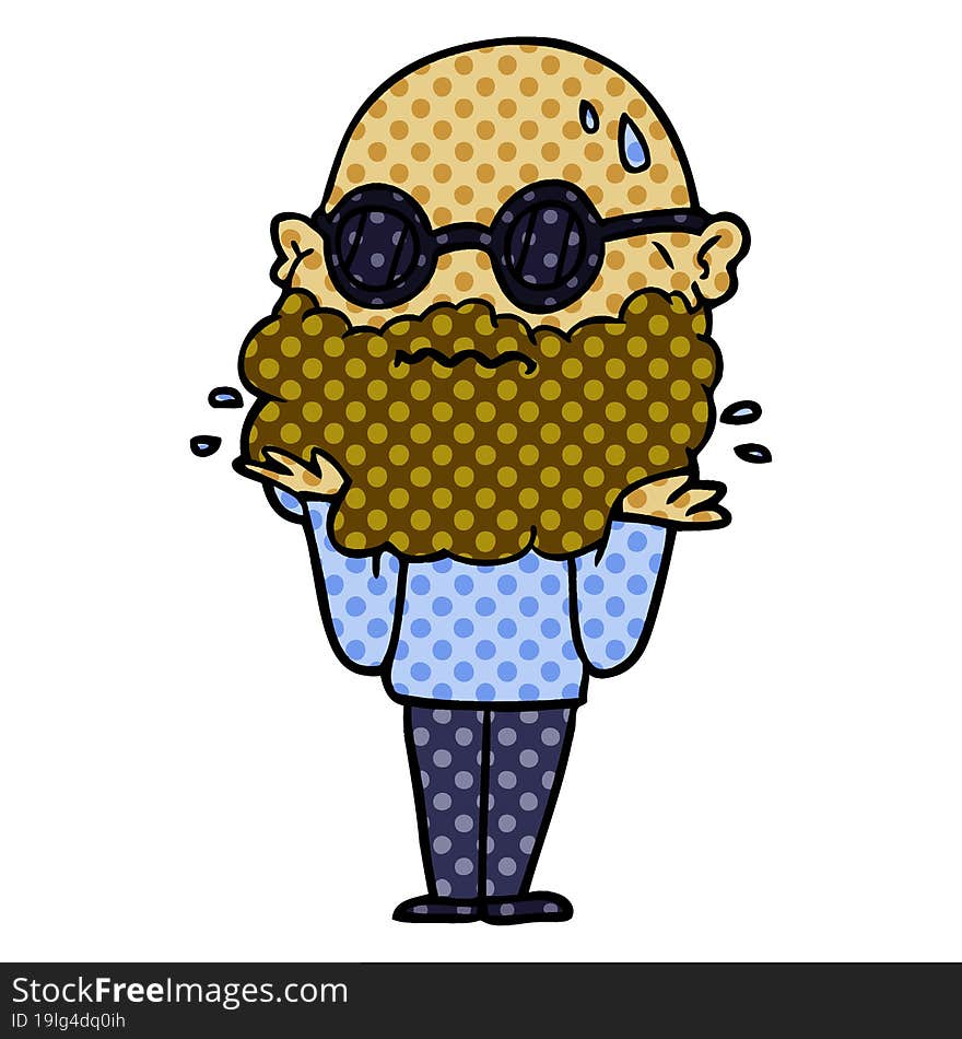 cartoon worried man with beard and sunglasses. cartoon worried man with beard and sunglasses