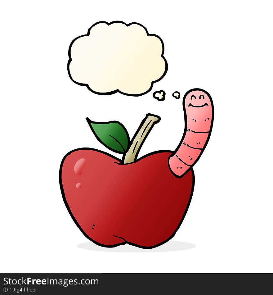 cartoon apple with worm with thought bubble