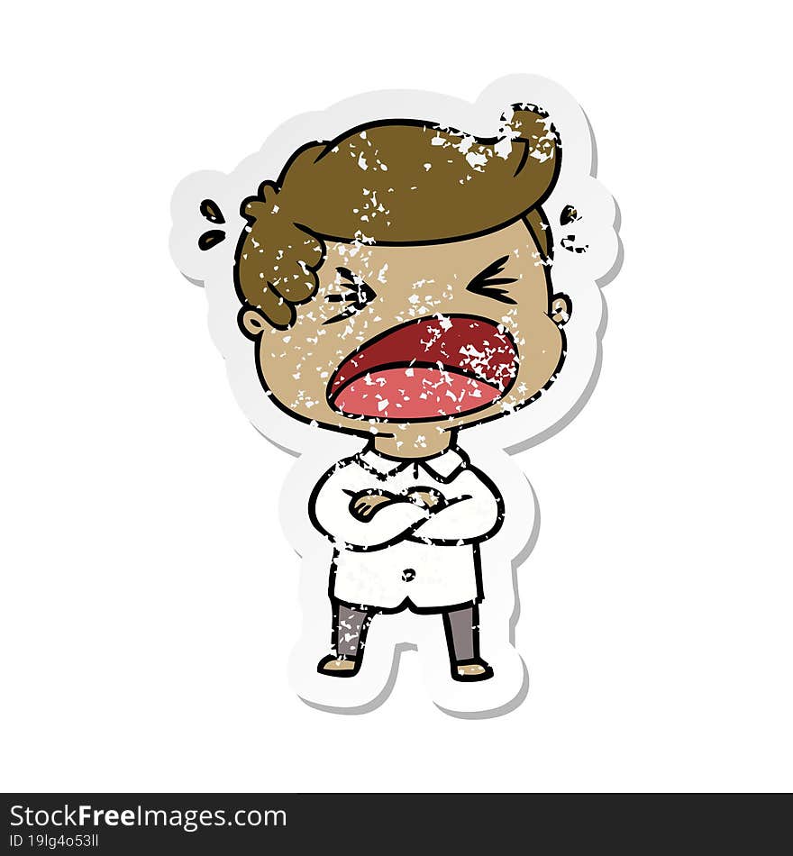 distressed sticker of a cartoon shouting man