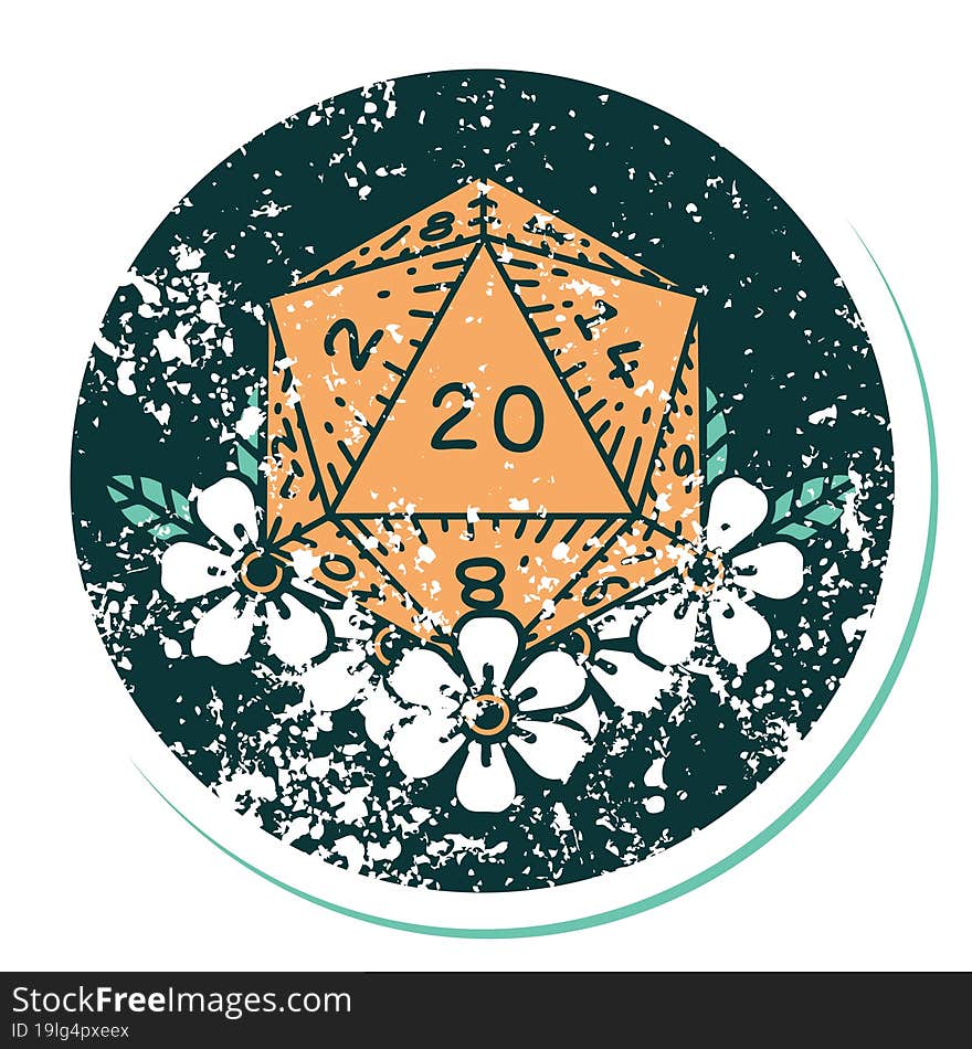 iconic distressed sticker tattoo style image of a d20. iconic distressed sticker tattoo style image of a d20