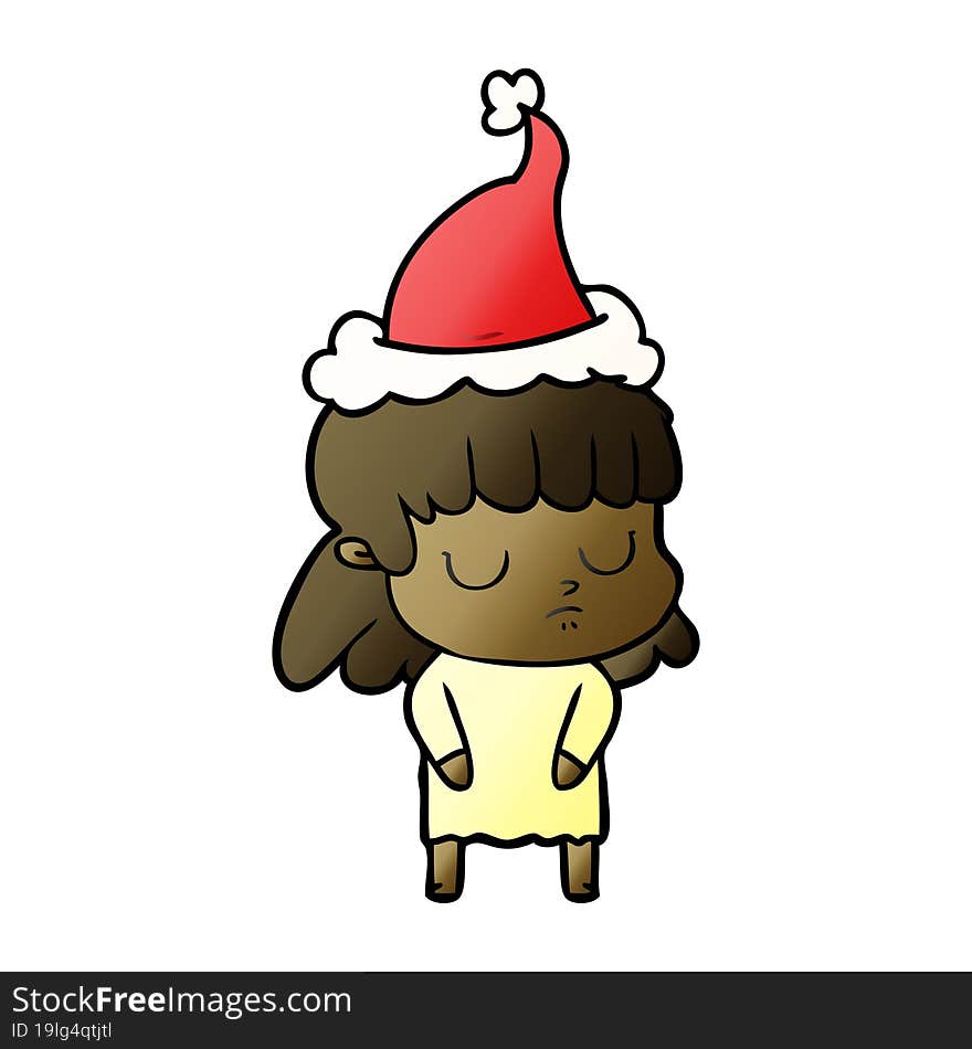 hand drawn gradient cartoon of a indifferent woman wearing santa hat