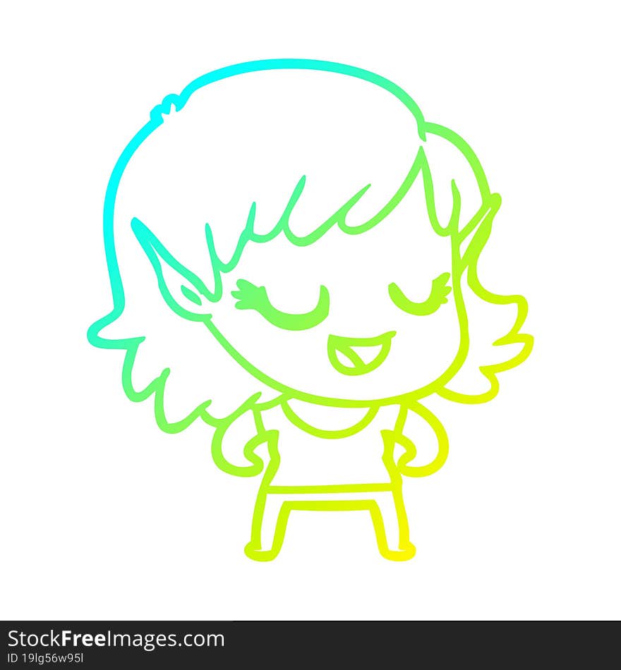 cold gradient line drawing of a happy cartoon elf girl