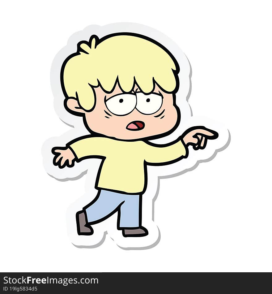 sticker of a cartoon exhausted boy