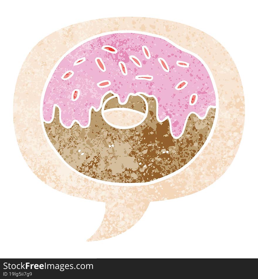 cartoon donut and speech bubble in retro textured style