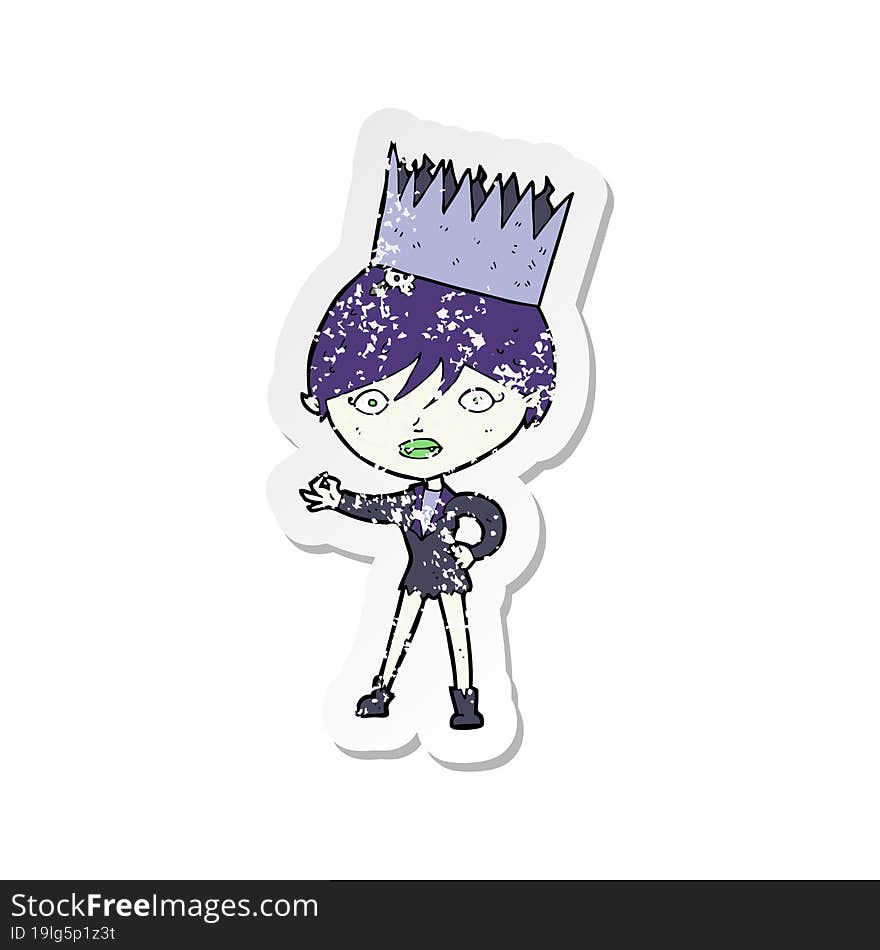 retro distressed sticker of a cartoon vampire wearing crown