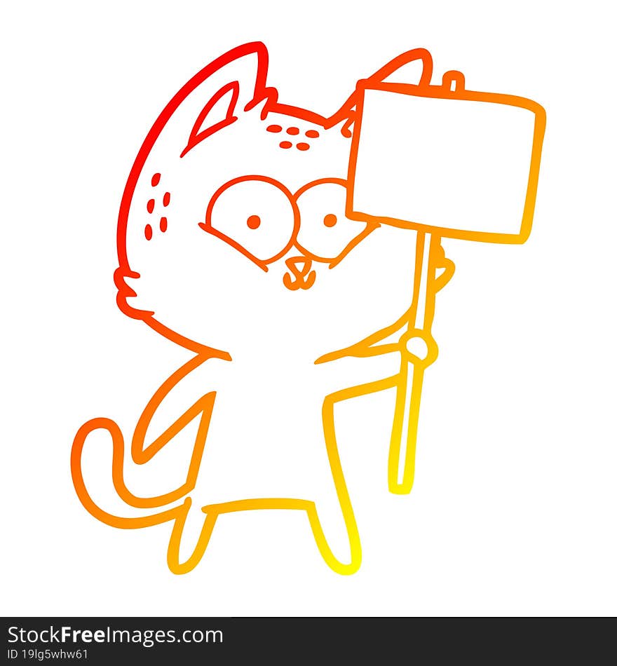 warm gradient line drawing cartoon cat with placard