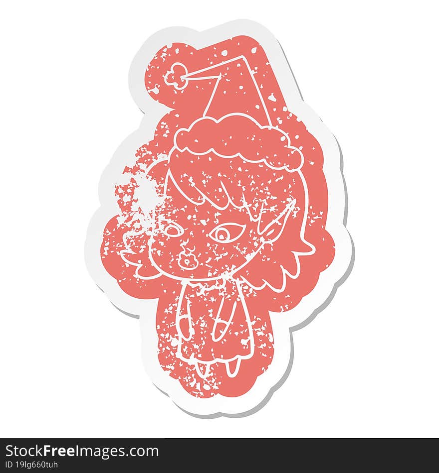 quirky cartoon distressed sticker of a elf girl with pointy ears wearing santa hat