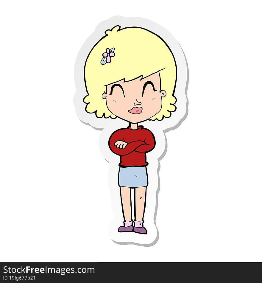 Sticker Of A Cartoon Happy Woman With Folded Arms