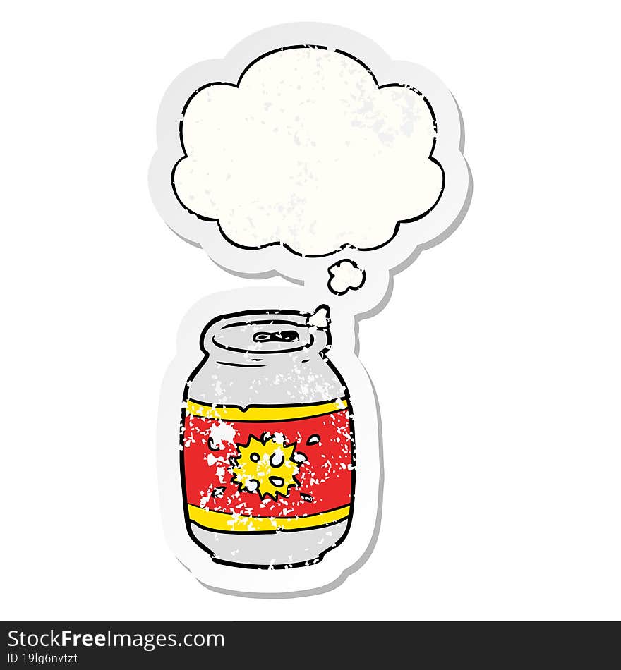 cartoon soda can with thought bubble as a distressed worn sticker