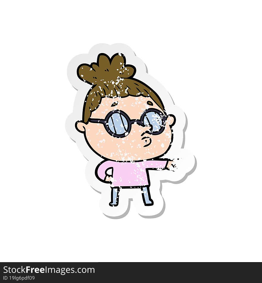 distressed sticker of a cartoon woman wearing glasses