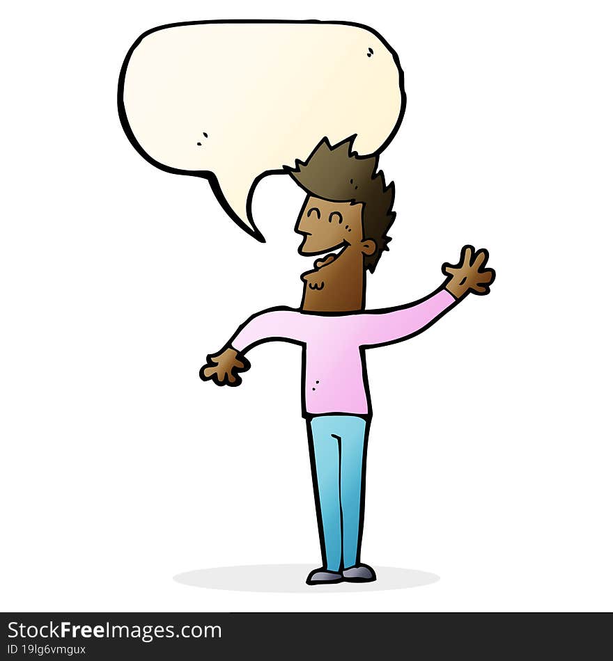 cartoon happy man waving with speech bubble