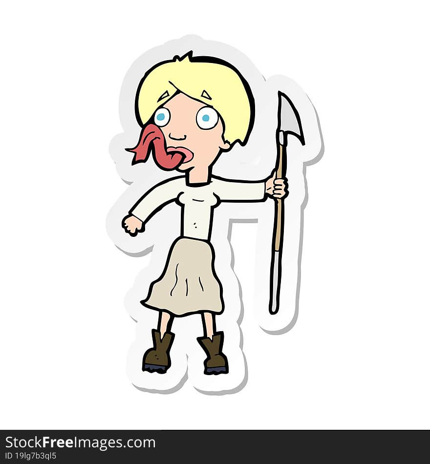 sticker of a cartoon woman with spear sticking out tongue