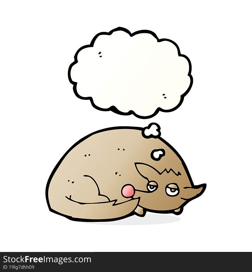 cartoon curled up dog with thought bubble