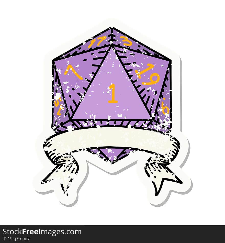 grunge sticker of a natural one d20 dice roll. grunge sticker of a natural one d20 dice roll