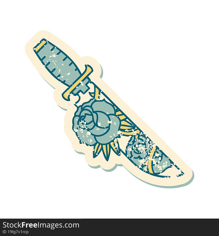 distressed sticker tattoo style icon of a dagger and flowers