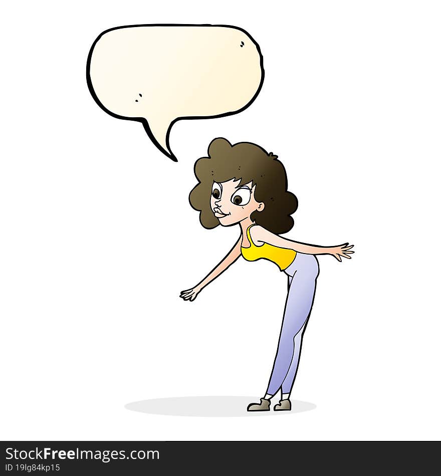 cartoon woman reaching to pick something up with speech bubble