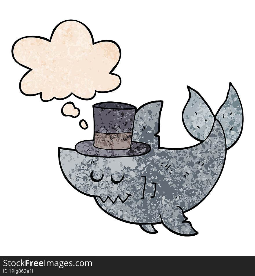 cartoon shark wearing top hat and thought bubble in grunge texture pattern style