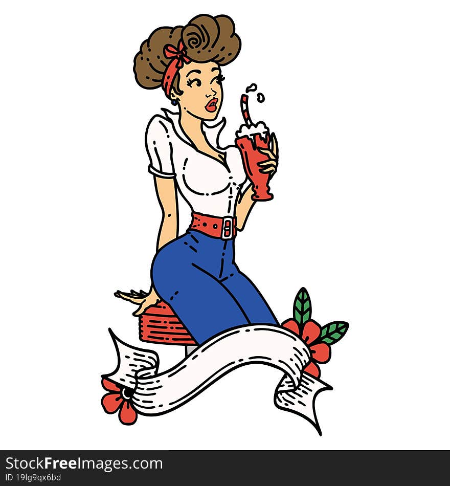 traditional tattoo of a pinup girl drinking a milkshake with banner